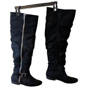 Womens Black Faux Suede Over The Knee Boots Low Heel Zip Up Slouchy Fall Sz 7